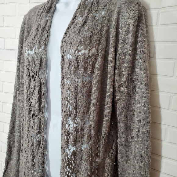 Belldini Gray Crochet Knit Long Sleeve Open Cardigan Sweater - Picture 3 of 14